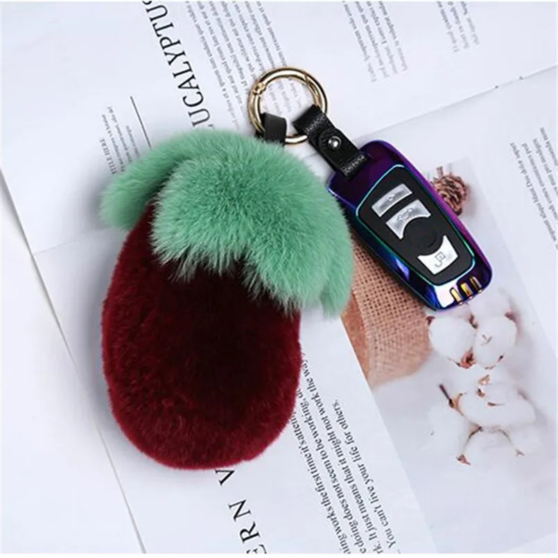 Kvinnor Keyring Real Rex Kanin Fur Keychain Pompom Ball Liten Aubergine Fluffy Handbag Bil Hängande Metallring