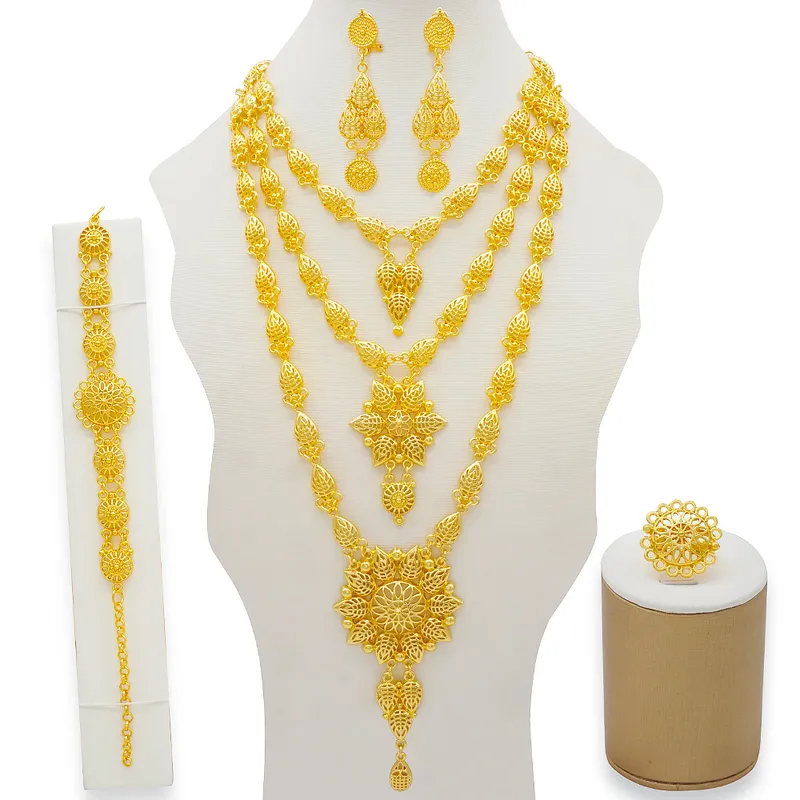 Dubaï Ensembles de bijoux Collier en or Ensemble de boucles d'oreilles pour les femmes africaines France Fête de mariage 24K Bijoux Éthiopie Cadeaux de mariée 220224257q