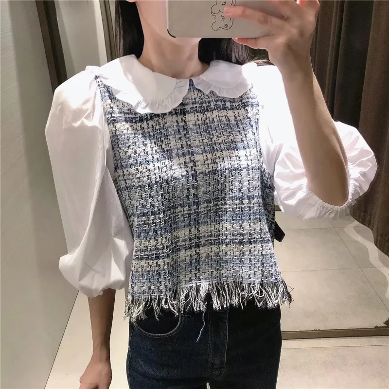 Blu Plaid Patchwork Crop Top Donna Cute Peter Pan Collar Ruffle Donna Camicette Moda manica corta camicetta a sbuffo 210519