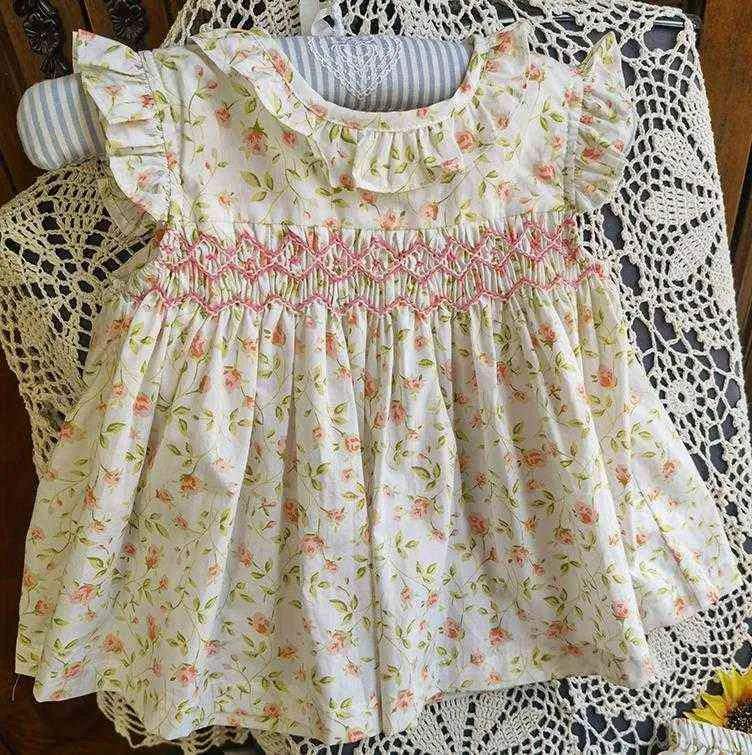 Baby girl summer Spanish smocking princess dress kids cotton short sleeve floral dress G1129