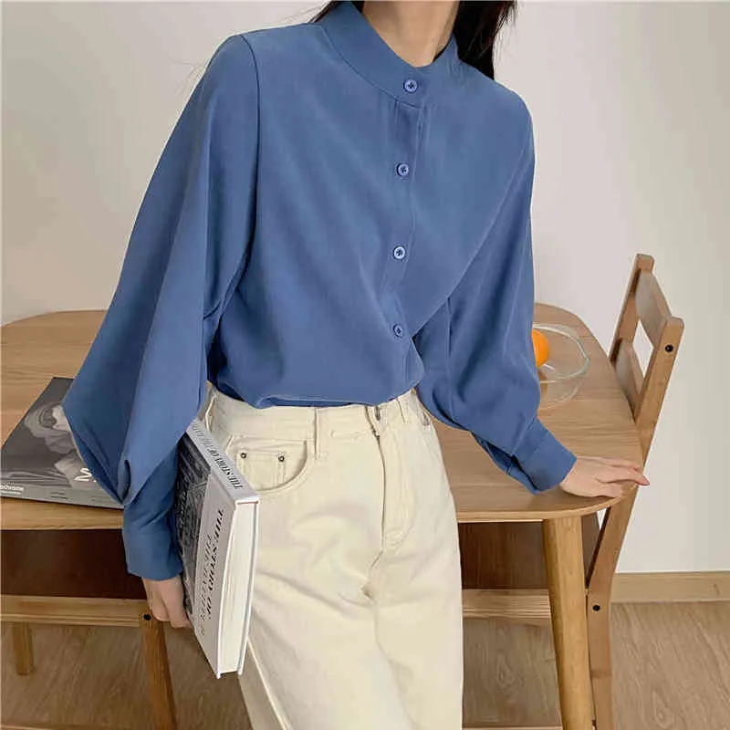 Grande lanterne manches femmes automne hiver simple boutonnage col montant chemises bureau travail solide Blouse T0D703C 210416