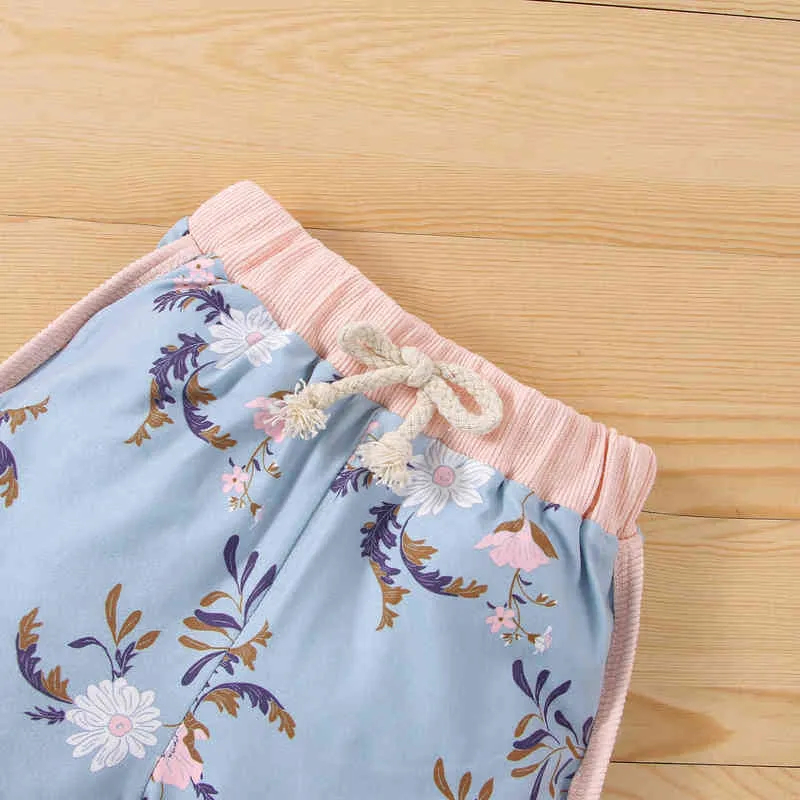 Детские девушки одежда топы брюки костюм с коротким рукавом круглые шеи флористические футболки Drawstring повседневная шорты 2 шт. Летний хлопок костюм G220217