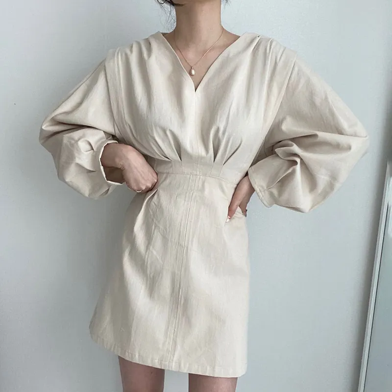 Ezgaga coréen Chic Vintage robe de soirée femmes col en V froncé taille mince longue lanterne manches solide robe élégante robes Feminino 210430