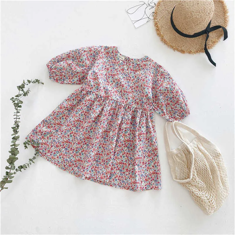 ファッションかわいい子供たちのための春の赤ちゃんの女の子の花のドレスの綿長袖2-7歳210615