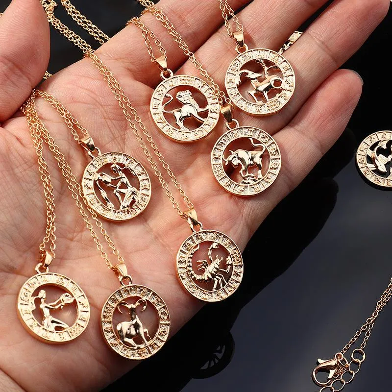 Collier Vintage en or douze Constellations pour femmes, filles, homme, symbole du zodiaque, pendentif, cadeau, chaîne de clavicule, bijoux fins, 3242