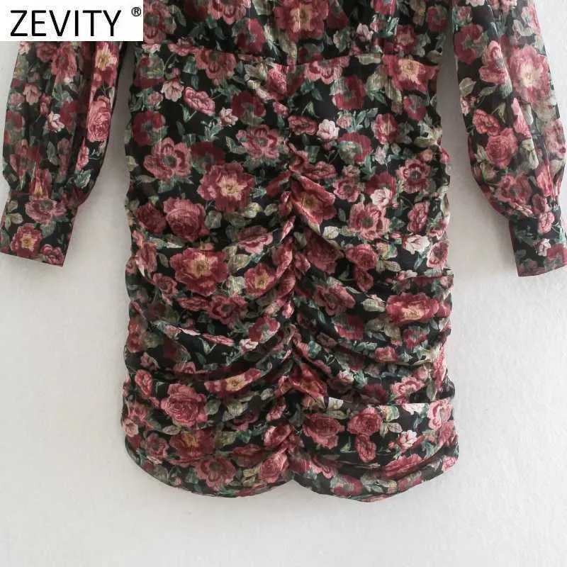 Zevity Women Vintage V Neck Floral Stampa floreale Mini abito Slim Dress Female Chic Gu app -Summer Chiffon Short Vestido DS8162 210603