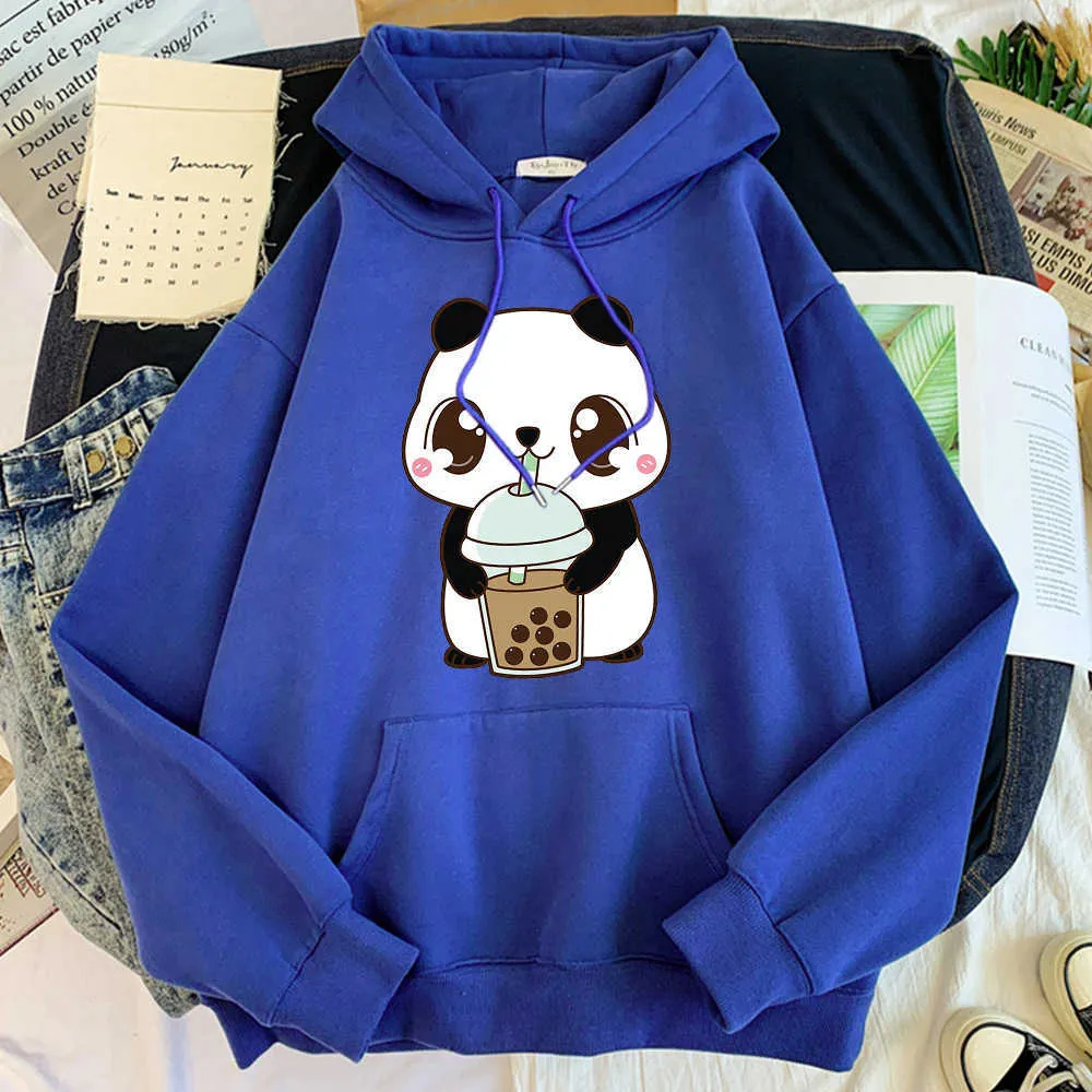 Mignon panda buvant du thé au lait perlé sweat-shirt chaud mâle