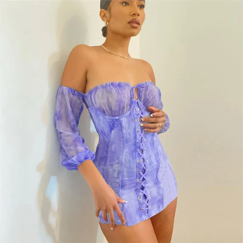 Sexy Off Shoulder Bandage Lace Up Corset Dress Women Purple Slash Neck Puff-Sleeve Skinny Dresses Ruched Wrap Hip Bodycon Robe 210517