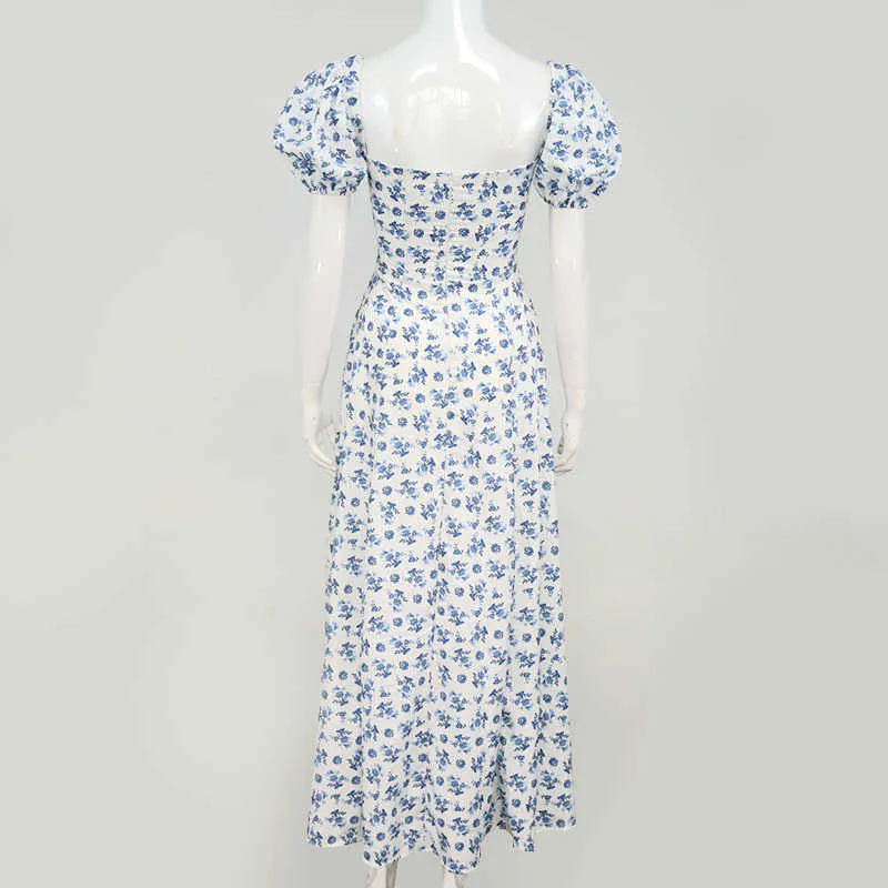 Mulheres Moda Buff Manga Lace Up Alto Vestido Split Vestido Vintage Ladies Cottagecore Tallulah Azul Branco Floral Midi Drop Dropshipping Y0603