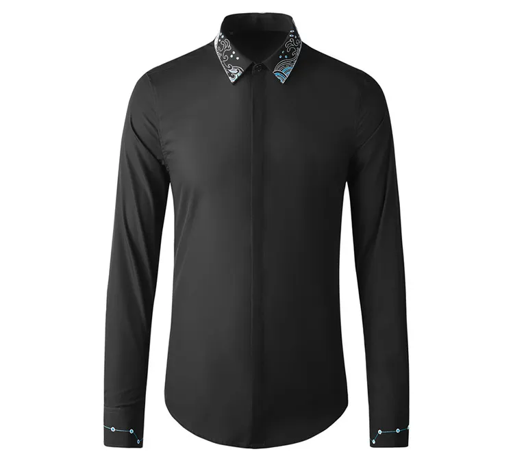 Bleu mer et étoiles Style chinois broderie chemise homme marque design manches longues élégant mince chemises décontractées