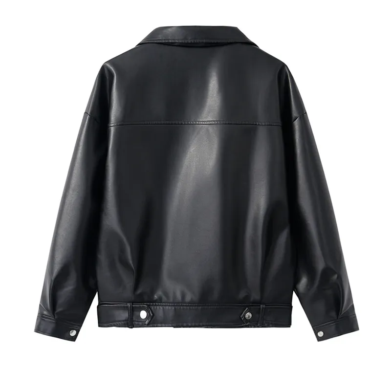 Kvinnor Löst PU Faux Leather Jacket Spring Autumn Moto Biker Jackets Turan Down Collar Basic Black Coat Outerwear