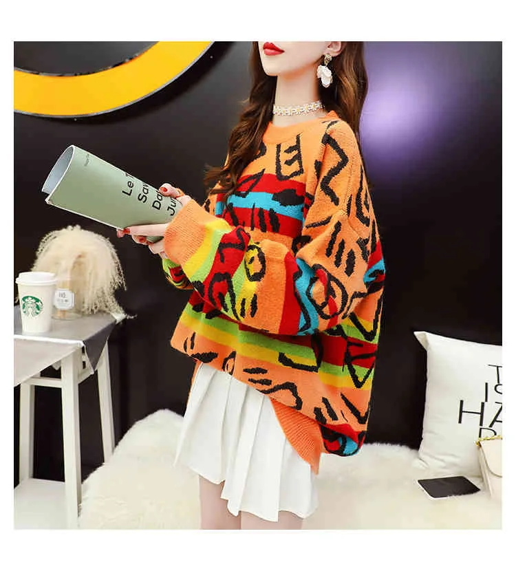 H.SA Sweater and Knitwear Women Winter Pullovers Casual Graffiti Long Oversized Jumpers Orange Blue Knit Chic Sweaters Christmas 210417