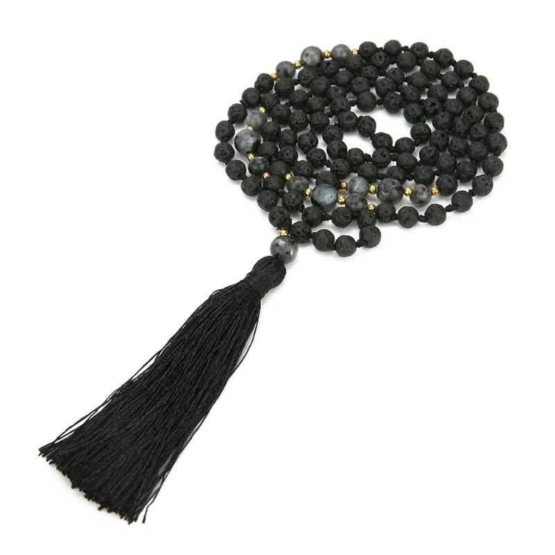 Mala Beads 6mm Pietra vulcanica Annodata Meditazione Gioielli semipreziosi Uomini e donne Collana con ciondolo pendente con nappa nera N288h