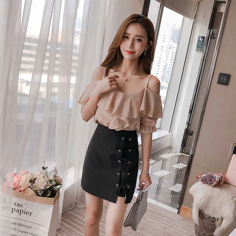 Spring and Autumn High Quality Tight-fitting Lace-up Ladies Skirt Casual Professional Waist Black Female Short 210527