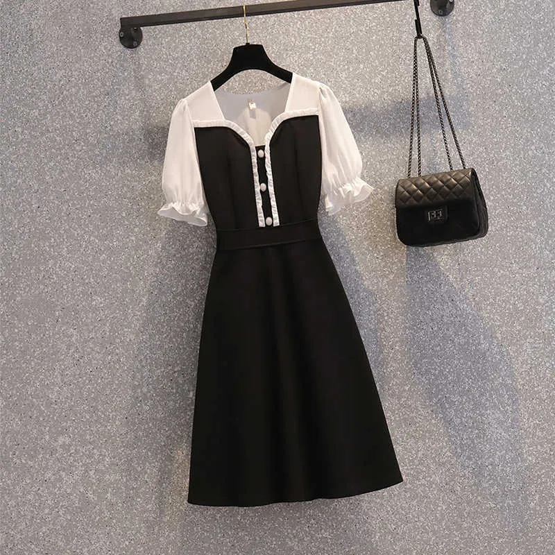 Oversize Dress Women XL-4XL All-Match Knä-längd Fritid Elegant Stilig A-Line Patchwork Nyaste Anbud Grundläggande Sommar Ulzzang Y1006