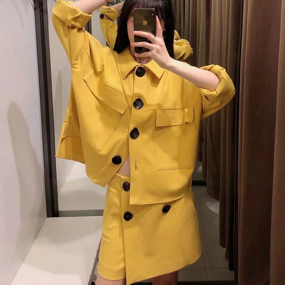 BBWM, chaquetas amarillas con bolsillos elegantes para mujer, abrigo de ventilación lateral con cuello de solapa a la moda para mujer, ropa de abrigo de un solo pecho para mujer 210520