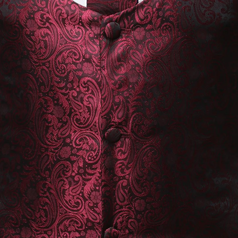 Mens Klassieke Wijn Rode Paisley Jacquard Floral Tuppost Zakdoek Party Bruiloft Tuxedo Tie Vest Pak Pocket Square Set