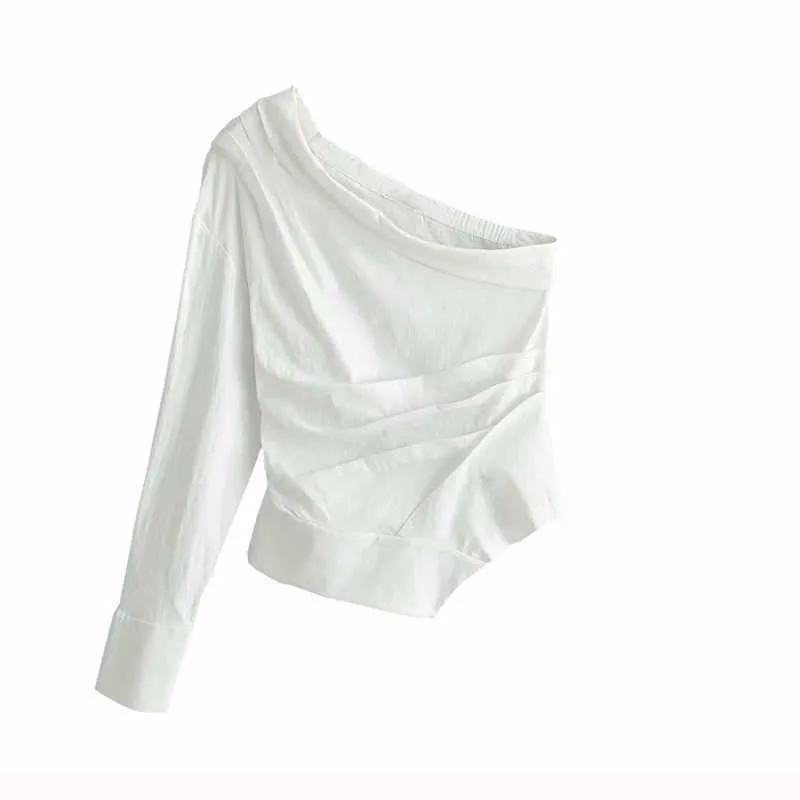 TRAF Dames Blouses Vintage Sexy One Shoulder Tops Mode Onregelmatige Kraag Geplooid Stijlvolle White Shirts Blusas Mujer 210719