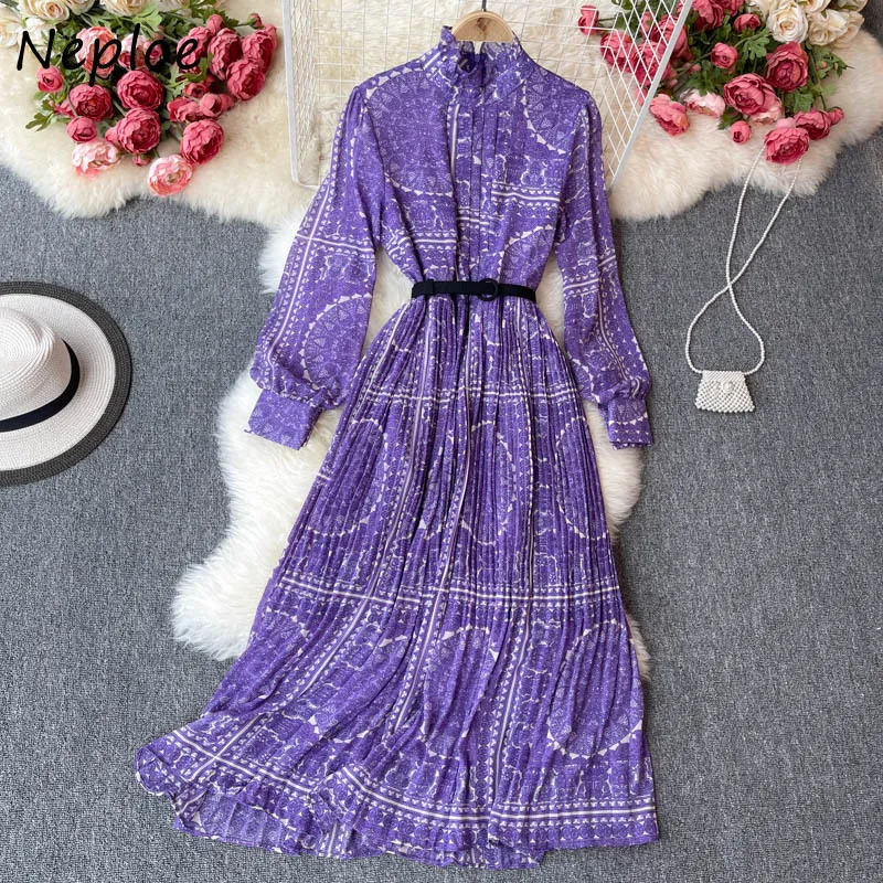 Neploe Vintage Print Bohemian Urlaub Kleid Frauen Hohe Taille Hüfte Schärpen EINE Linie Lange Vestidos Frühling Robe Langarm 210510