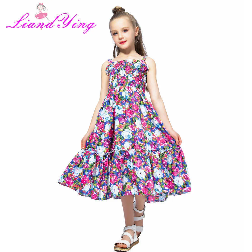 2021 Filles Robes Été Mignon Bébé Filles Floral Longue Robe Enfants Vêtements Casual En Mousseline De Soie Beachwear Maxi Robe Fit 2-12Y Q0716