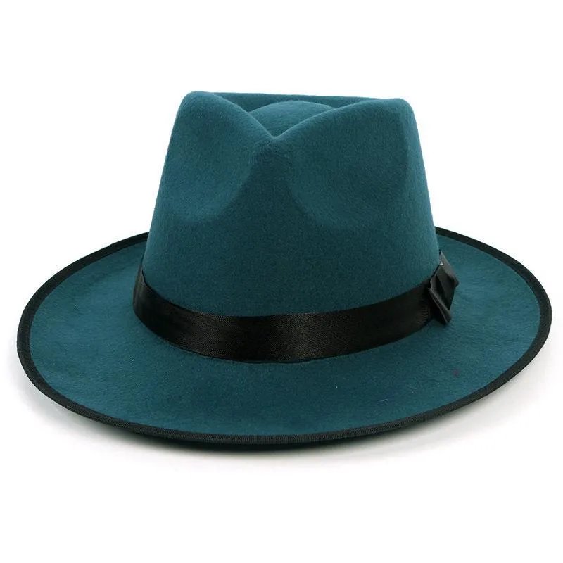 Breda brim hattar fedoras hatt för man kvinnor blir snedt kant bälte lyx mode panama parti gentleman vinter