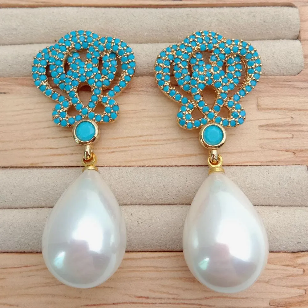YYGEM Teardrop White Sea Shell Pearl Gold Plated Turquoise Blue Cz Drop Stud Earrings