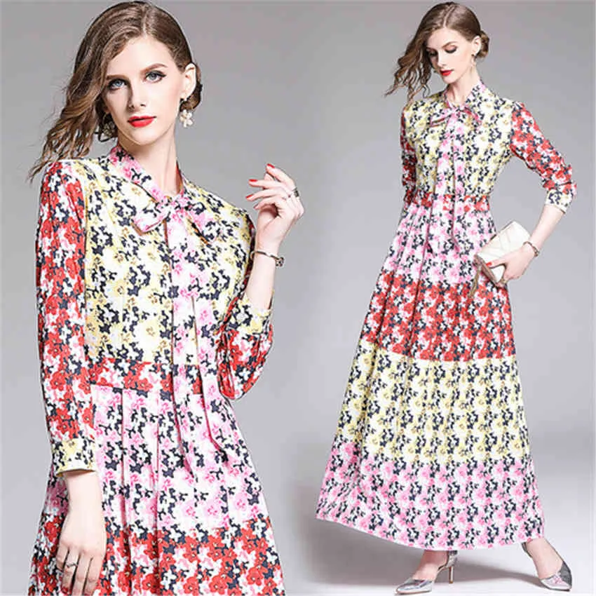 FANIECES Alta calidad Runway Maxi Vestidos Tallas grandes Manga larga para mujer Plisado Estampado floral Vestido vintage Vestidos de Festa 210520