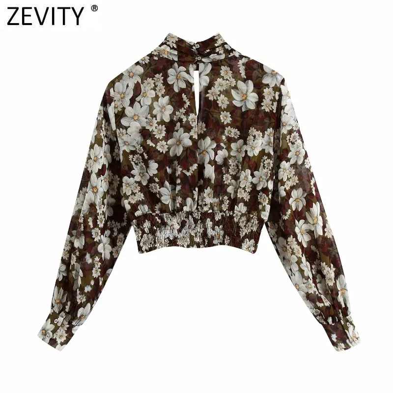 Women Vintage Stand Collar Floral Print Chiffon Smock Blouse Ladies Press Casual Short Shirts Chic Femininas Tops LS7314 210420