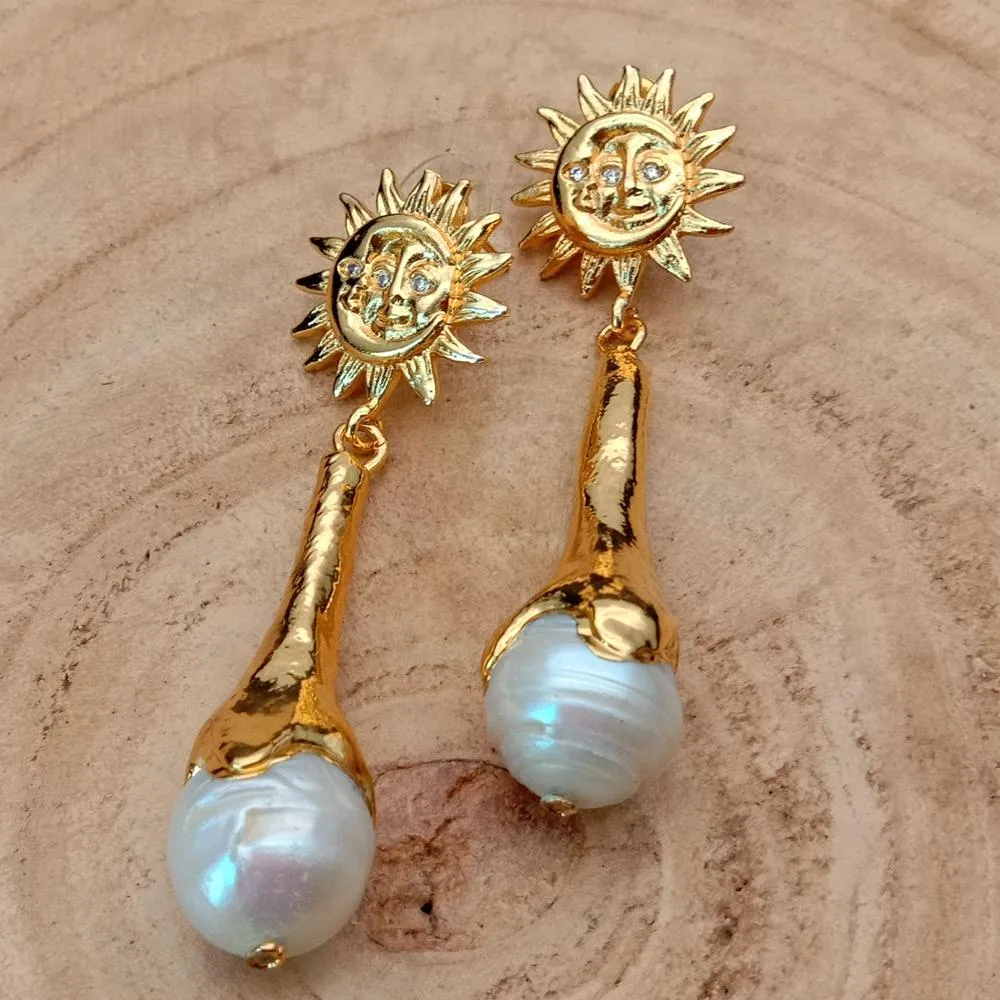 YYGEM 12x38MM White Nucleated Flameball Baroque Pearl Yellow Gold color Earrings