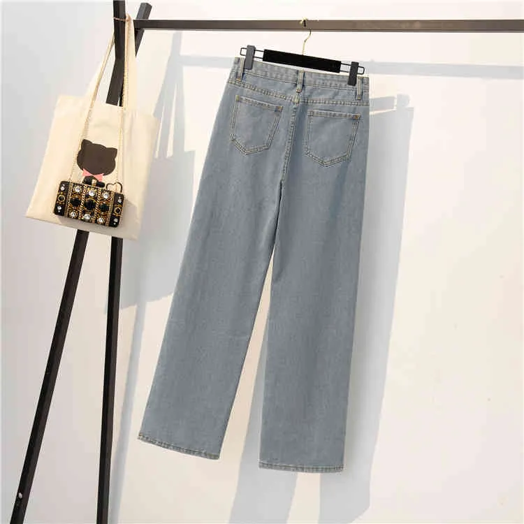 Produit d'automne grande taille lâche pantalon large taille haute slim jambe droite jeans femmes pantalons fendus femmes confortables 210412