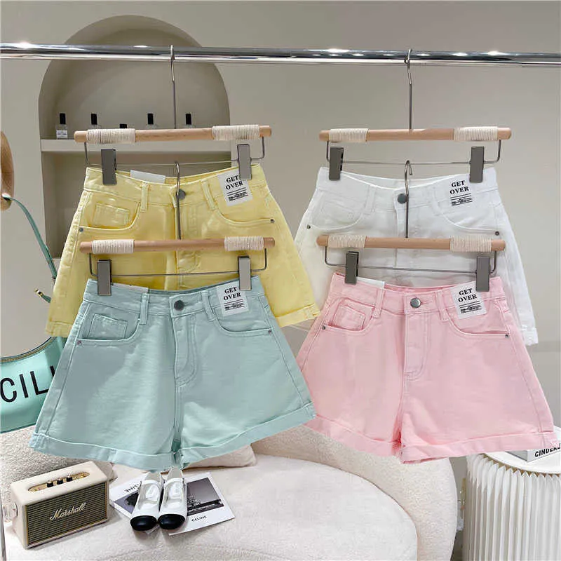 Bonbons Couleur D'été Plus La Taille Taille Haute Blanc Denim Shorts Jambe Large Femmes Lâche Pantalones Cortos De Mujer Mode Doux 210610