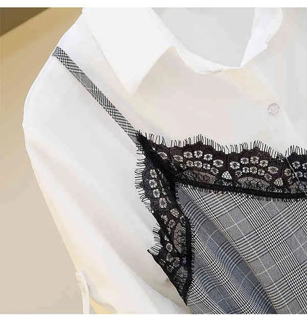 夏のエレガントな女性のシャツのドレスファッションレースのパッチワークの格子縞のカジュアルドレスベルト210428