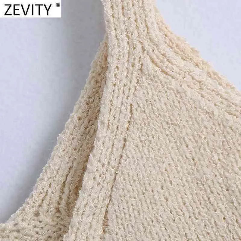 Zevity femmes mode col en V Jacquard Crochet tricot pull femme basique Spaghetti sangle vague court gilet Chic Crop hauts SW812 210419