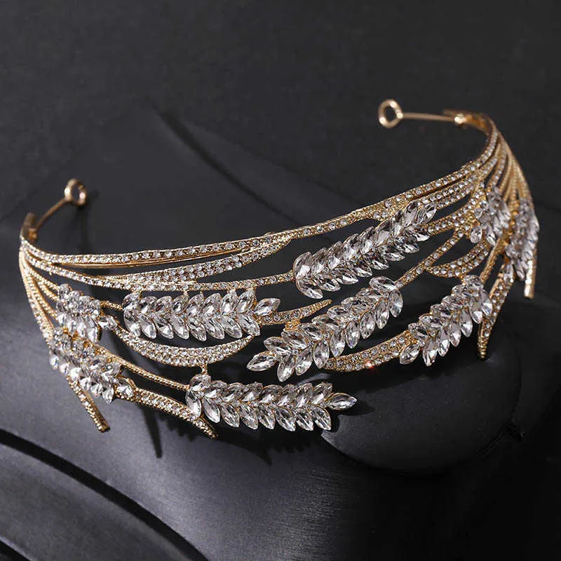 Forseven Luxury Crystal Wheat Shape Crown Handgjorda guldfärg Brud bröllop Tiara Rhinestone Headpiece Women Hair Accessory JL H08250F