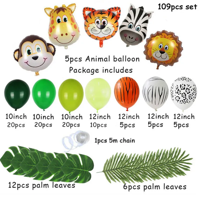 109st Jungle Animal Balloon Set Birthday Party Decorations Kids Tiger Zoo Tema Folie Ballonger Leverans Dekor 220217