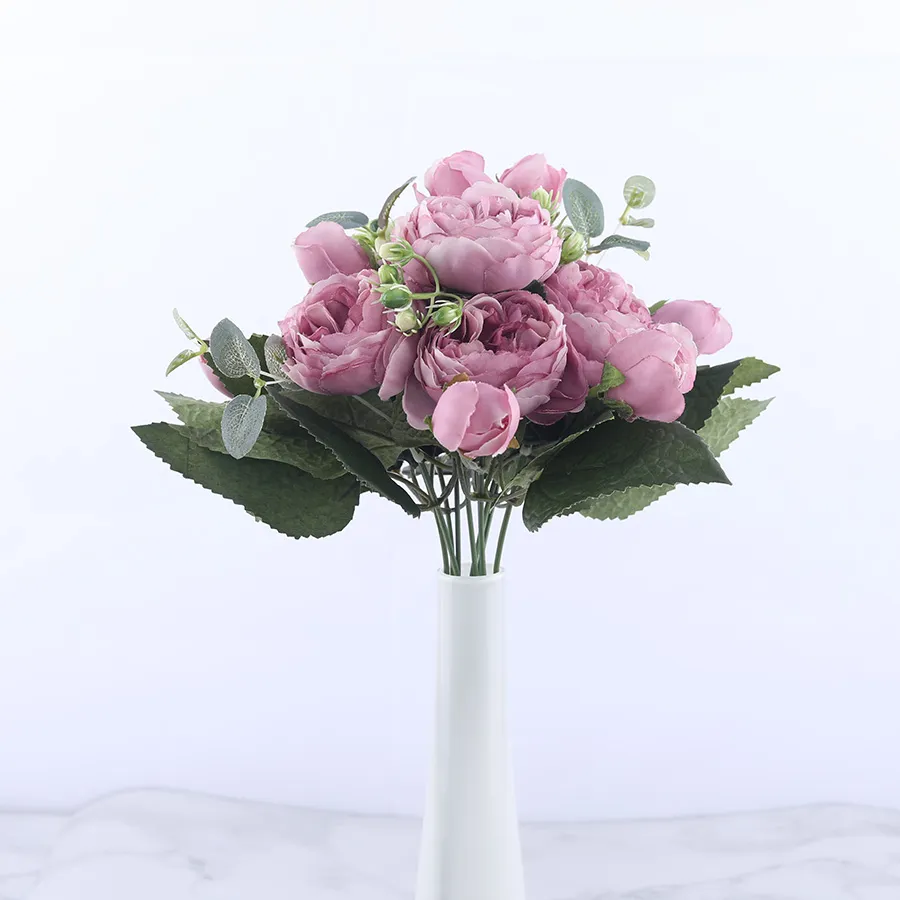 30 см розово-розовый шелковый пион Букет искусственных цветов 5 больших головок и 4 бутона Дешевые поддельные цветы для домашнего свадебного украшения Indoor8874567