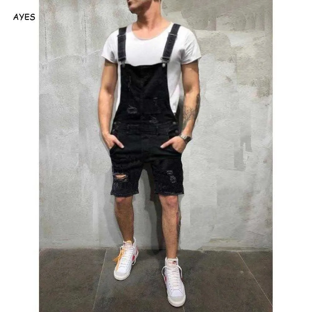 Mode män korta rippade jeans jumpsuits shorts distressed denim bib overall mens casual suspender byxa male 210714