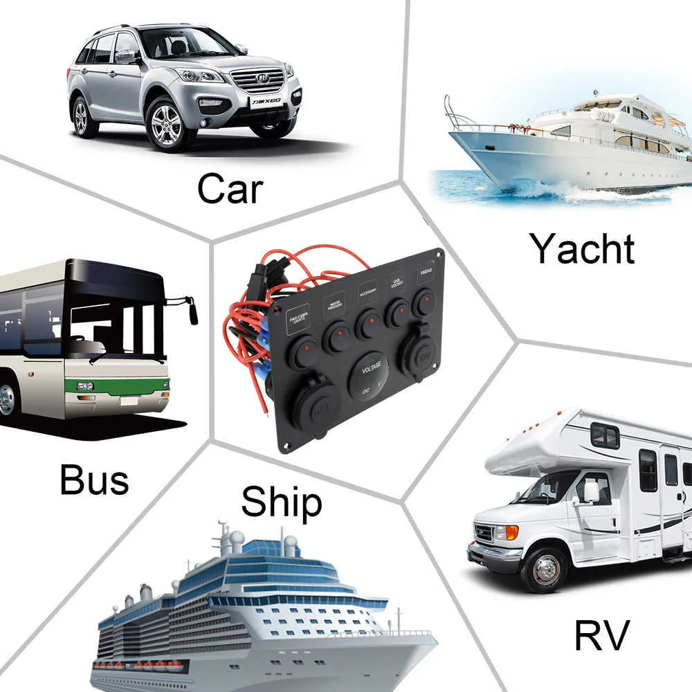 Panel de interruptores de barco de 5 bandas, Panel de interruptores de coche, voltímetro Digital resistente al agua, puerto USB Dual, combinación de salida de 12V, balancín LED marino Car240G