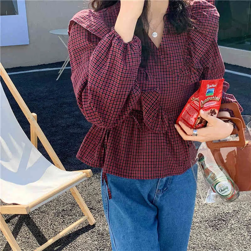 Koreaanse chique vintage meisjes plaid ruches v-hals hoge taille shirts femme party casual zachte geometrische blouses 210525