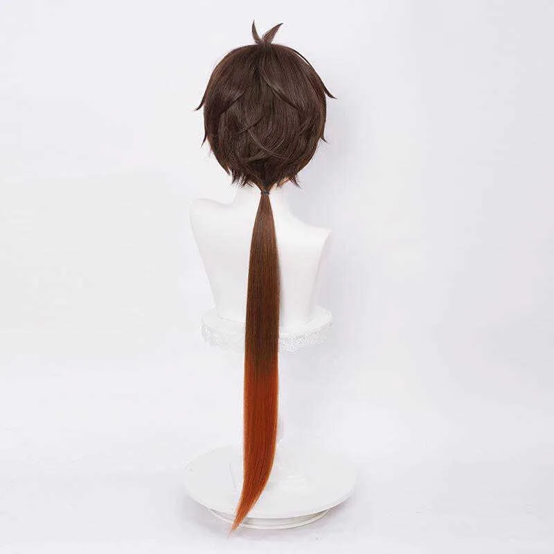 Genshin Impact Zhongli Cosplay 90cm Long Christmas Brown Orange Wig Anime s Heat Resistant Synthetic s Cap Y0913289v