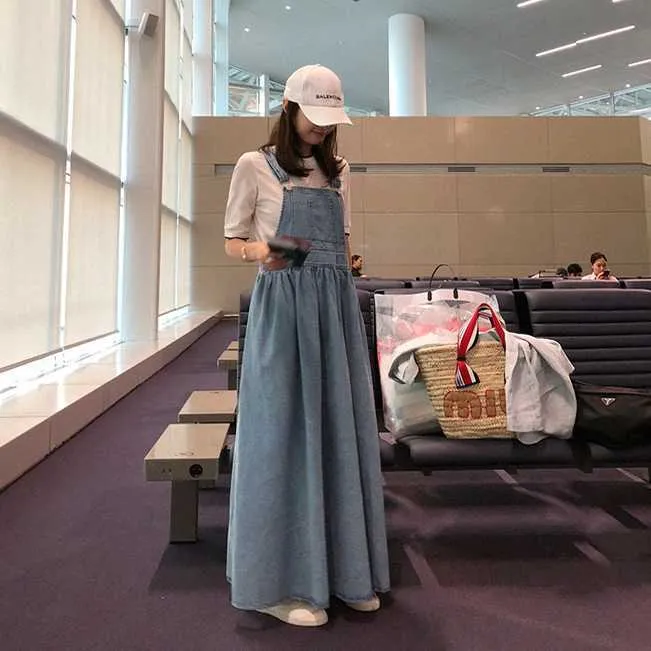 Lente en zomer Koreaanse lange riem jurk vrouwen denim plus size streetwear kleding 210615