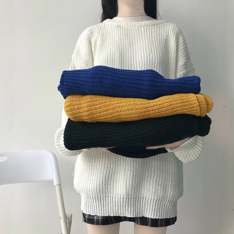 Solidny kolor sweter Sweter Sweter Kobiet Z Długim Rękawem Loose Casual Harajuku Flame Dzianie Korei Kobiety Ubrania 70F 210420