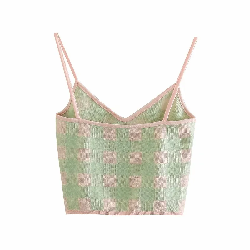 Groene Plaid Gebreide Crop Top Vrouwen Blouses Zomer Slanke Backless Slip Trui Vrouw Mode Streetwear Tuniek Vrouw 210430