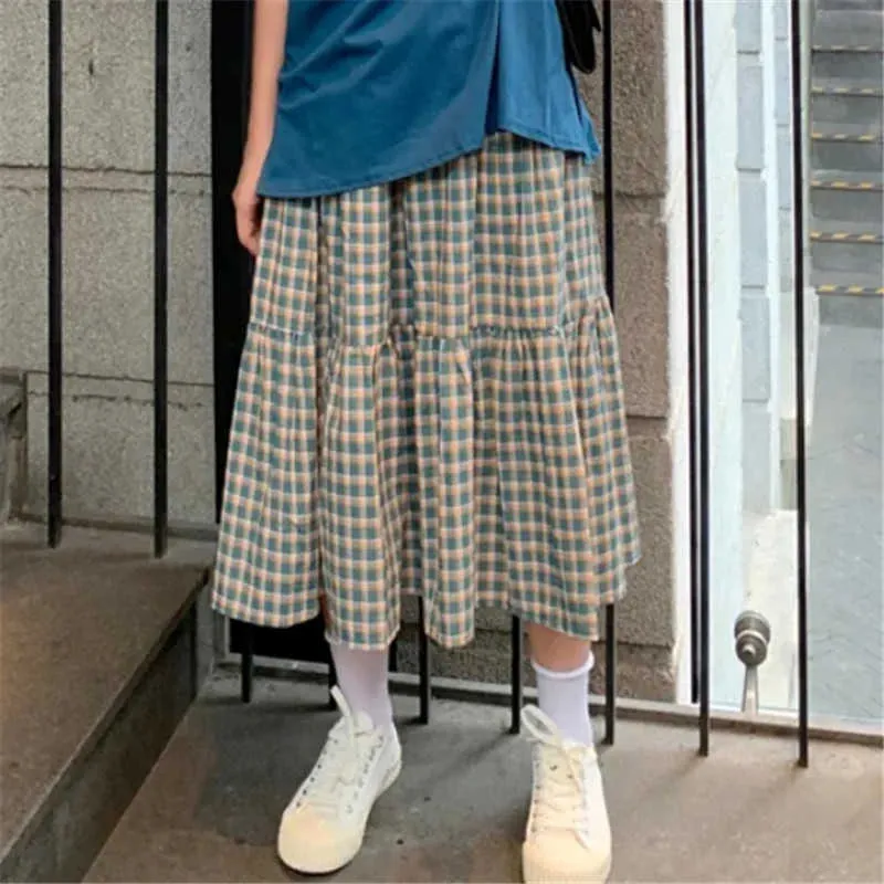 Zomer katoen Midi Plaid Rok Zwart Witte Leer Vrouwen lange geplooide rok Vrouwelijke studenten Elastische High Taille Streetwear 210619