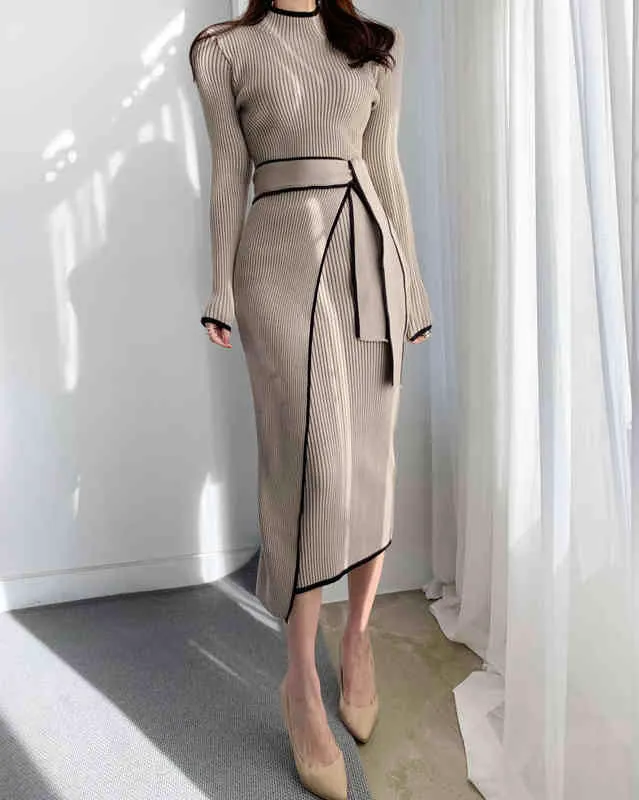 Woman Dress With Belt Vintage Patchwork Slim Knitted Midi Dresses Women Autumn Winter Elegant Sweater Knit Dress 2021 Vestidos Y1204