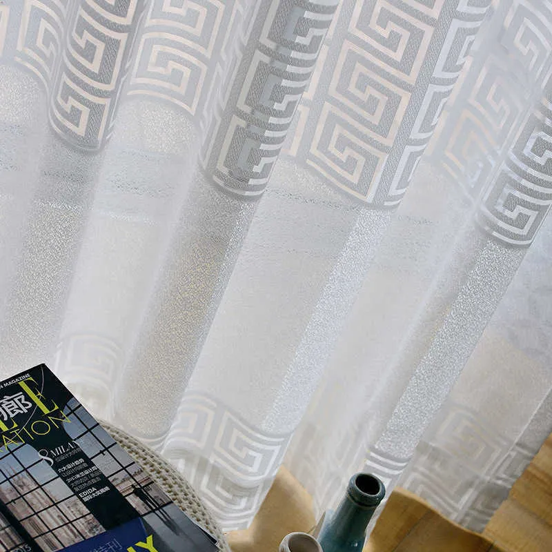 寝室のためのモダンなボイルの薄手のカーテンのための白い幾何学的な窓のチュールカーテン寝室の盲目の台所のキッチンシングルパネル210913