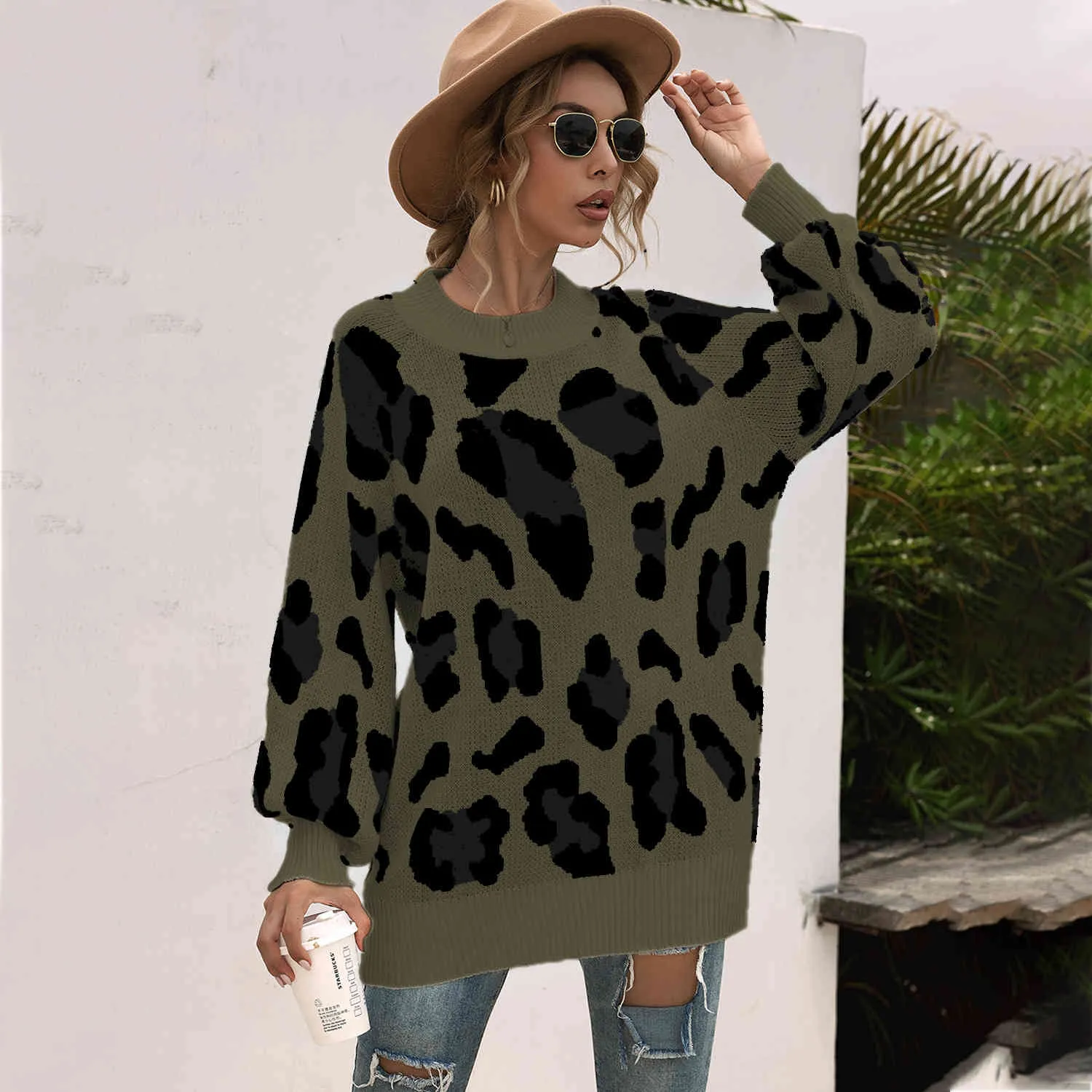 Pulls d'automne d'hiver Femmes Cool Leopard Imprimer Sweat à capuche avec manches Pull tricoté Femme Impression d'hiver Femme 210514