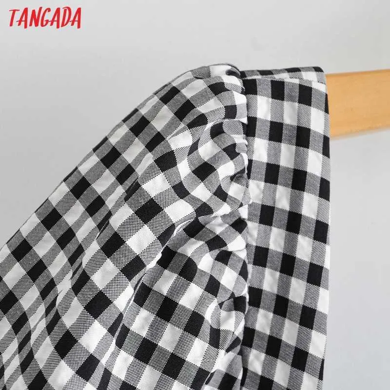 Tangada été femmes Plaid imprimé Style français robe bouffée à manches courtes dames Mini robe Vestidos YI29 210609