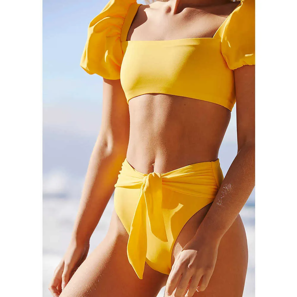 Puff Sleeves Bikini Set Bandage Strappy Gul Badkläder Kvinnor Hög midja Baddräkt Baddräkt Strand Wear Biquini 210604
