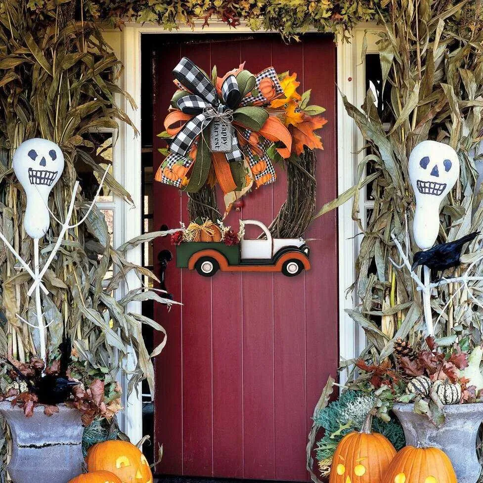 Choras de caminhão de abóbora caem para a fazenda da porta da frente, sinal de outono decoração do halloween roubado decoração da porta q08124774898
